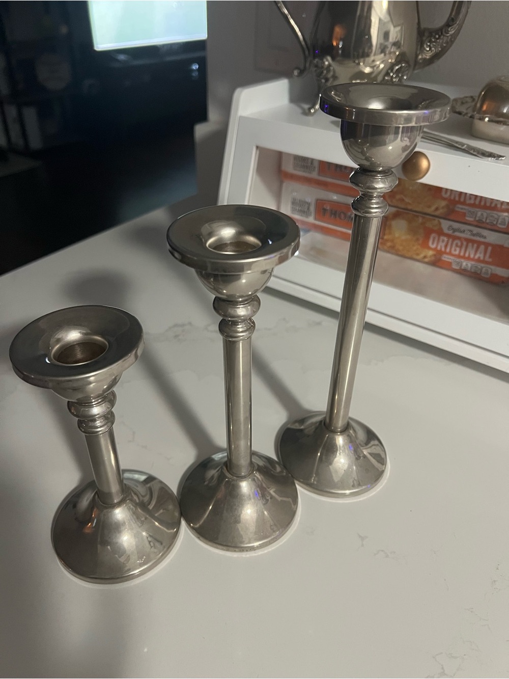 Polished Silver Metal Candle Holders - Set of 3